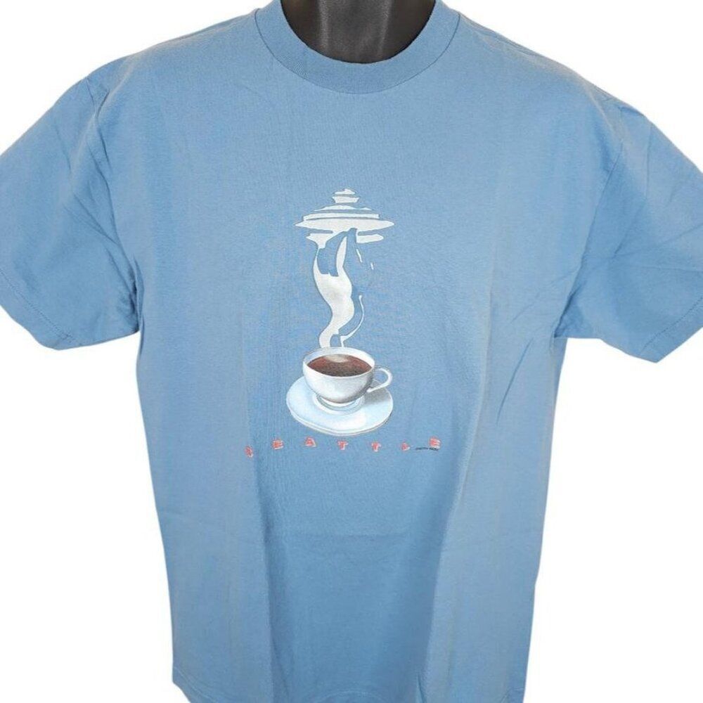 Vintage Seattle Coffee T Shirt Mens Size Large Blue 90s Space Needle Destination